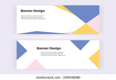 Geometric banners with blue, pink and yellow triangles on the white background. Modern and trendy design with shapes. Template for card, flyer, invitation, business, layout
