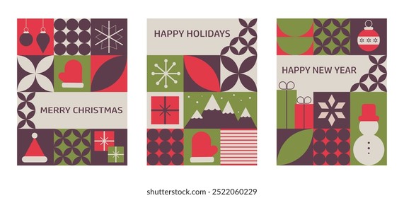 Geometric banners featuring Christmas and New Year themes with traditional winter holiday symbols, ideal for festive designs.