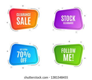Geometric banners. Get Extra 70% off Sale. Discount offer price sign. Special offer symbol. Save 70 percentages. Follow me banner. Clearance sale. Vector