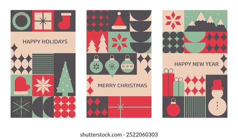 Geometric banners with mosaic elements for Christmas and New Year, featuring traditional winter holiday symbols in a trendy design, ideal for cards and social media.