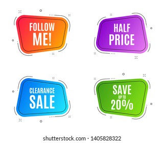 Geometric banners. Save up to 20%. Discount Sale offer price sign. Special offer symbol. Follow me banner. Clearance sale. Vector