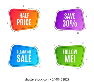 Geometric banners. Save 30% off. Sale Discount offer price sign. Special offer symbol. Follow me banner. Clearance sale. Vector