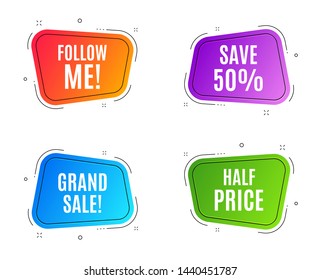 Geometric banners. Save 50% off. Sale Discount offer price sign. Special offer symbol. Follow me banner. Clearance sale. Vector