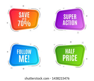 Geometric banners. Save up to 70%. Discount Sale offer price sign. Special offer symbol. Follow me banner. Clearance sale. Vector