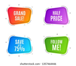 Geometric banners. Save up to 75%. Discount Sale offer price sign. Special offer symbol. Follow me banner. Clearance sale. Vector