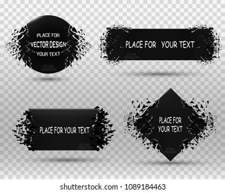 Geometric banners.Abstract explosion of black glass.Square and circle destruction shapes.3d effect of particles.Vector illustration.