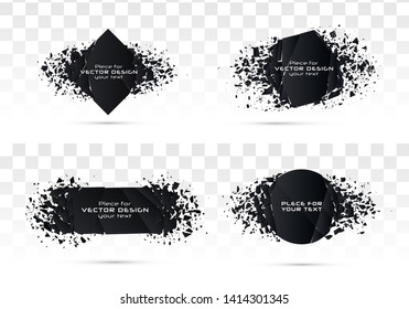 Geometric banners.Abstract explosion of black glass.Square and circle destruction shapes.3d effect of particles.Vector illustration.