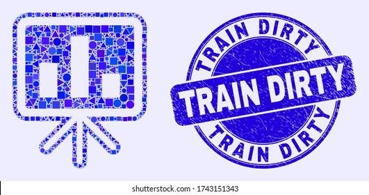 Gráfico de barras geométricas presentación pictograma de mosaico y sello de sellado sucio del tren. Sello de sello de sello de tipo azul vectorial redondo rayado con mensaje de tren sucio.