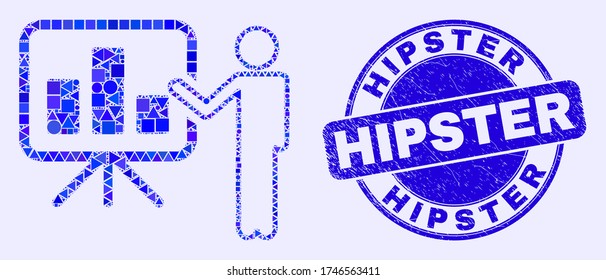 Geometric bar chart public report mosaic icon and Hipster seal. Blue vector round grunge seal with Hipster text. Abstract mosaic of bar chart public report created of circle, tringle,