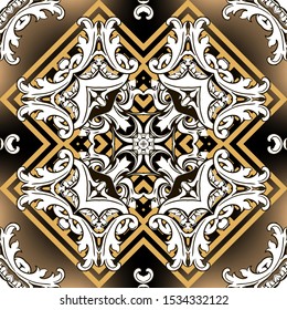 Geometric Baroque style vector seamless pattern. Greek ornamental glowing background. Repeat abstract backdrop. Damask ornament in baroque Victorian style. Greek key meanders, Vintage flowers, leaves.