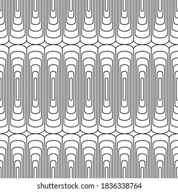 Geometric base pattern in outline style. Texture with curved lines and rounded squares. Abstract shapes packaging template. Illustration vector.