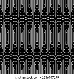 Geometric base pattern in outline style. Texture with curved lines and rounded squares. Abstract shapes packaging template. Illustration vector.