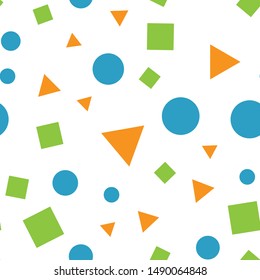 Geometric basic shapes seamless pattern. Squares, circles and triangles colorful texture. 