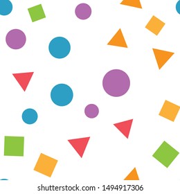 Geometric basic shapes seamless pattern. Squares, circles and triangles colorful texture. 