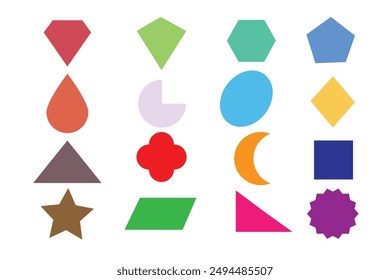 Geometric basic shapes set. Flat color icons with names. Educational material square, circle, oval, triangle, hexagon, rectangle. Geometry for elementary school children. Isolated vector illustration.