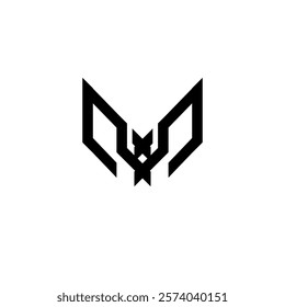 Geometric bat logo. Gaming, esport, symmetrical, black, sharp lines, flying, minimalist. Vector