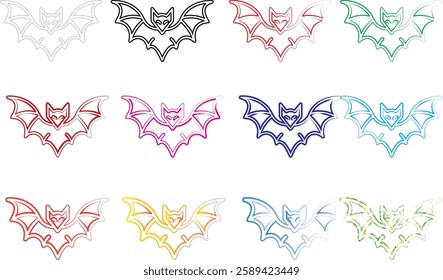 Geometric bat shapes, colorful outlines, minimalist design, repeating pattern, vibrant hues, simple line art, symmetrical composition, pastel colors, modern graphic style, abstract animal motif, clean