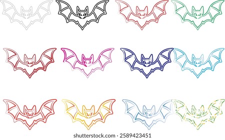 Geometric bat shapes, colorful outlines, minimalist design, repeating pattern, vibrant hues, simple line art, symmetrical composition, pastel colors, modern graphic style, abstract animal motif, clean