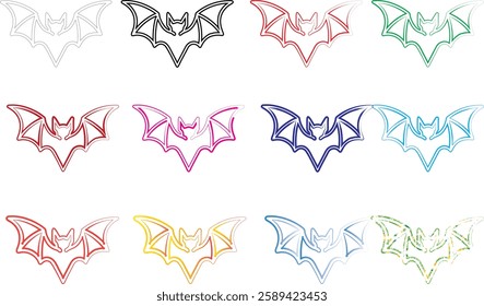 Geometric bat shapes, colorful outlines, minimalist design, repeating pattern, vibrant hues, simple line art, symmetrical composition, pastel colors, modern graphic style, abstract animal motif, clean