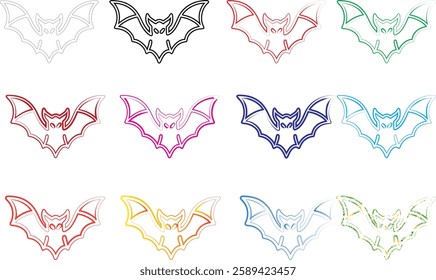 Geometric bat shapes, colorful outlines, minimalist design, repeating pattern, vibrant hues, simple line art, symmetrical composition, pastel colors, modern graphic style, abstract animal motif, clean