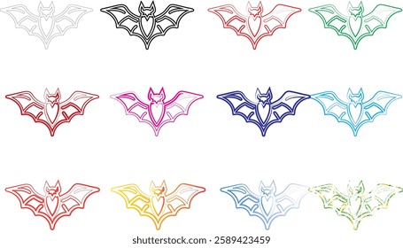 Geometric bat shapes, colorful outlines, minimalist design, repeating pattern, vibrant hues, simple line art, symmetrical composition, pastel colors, modern graphic style, abstract animal motif, clean