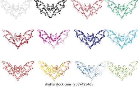 Geometric bat shapes, colorful outlines, minimalist design, repeating pattern, vibrant hues, simple line art, symmetrical composition, pastel colors, modern graphic style, abstract animal motif, clean