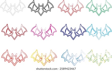 Geometric bat shapes, colorful outlines, minimalist design, repeating pattern, vibrant hues, simple line art, symmetrical composition, pastel colors, modern graphic style, abstract animal motif, clean