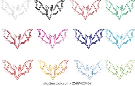 Geometric bat shapes, colorful outlines, minimalist design, repeating pattern, vibrant hues, simple line art, symmetrical composition, pastel colors, modern graphic style, abstract animal motif, clean