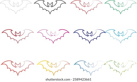 Geometric bat shapes, colorful outlines, minimalist design, repeating pattern, vibrant hues, simple line art, symmetrical composition, pastel colors, modern graphic style, abstract animal motif, clean