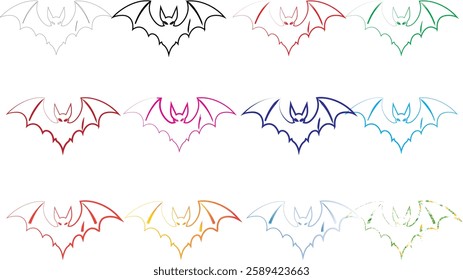 Geometric bat shapes, colorful outlines, minimalist design, repeating pattern, vibrant hues, simple line art, symmetrical composition, pastel colors, modern graphic style, abstract animal motif, clean