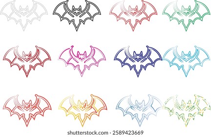 Geometric bat shapes, colorful outlines, minimalist design, repeating pattern, vibrant hues, simple line art, symmetrical composition, pastel colors, modern graphic style, abstract animal motif, clean