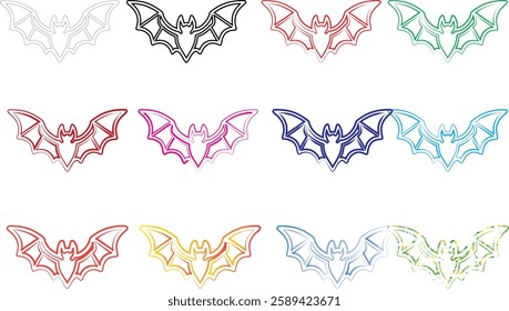 Geometric bat shapes, colorful outlines, minimalist design, repeating pattern, vibrant hues, simple line art, symmetrical composition, pastel colors, modern graphic style, abstract animal motif, clean