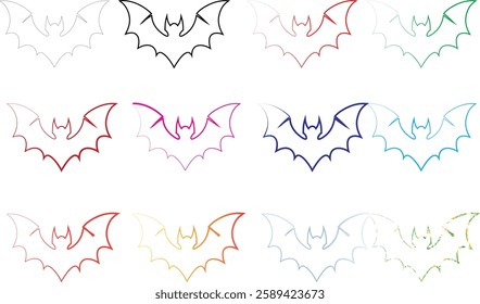 Geometric bat shapes, colorful outlines, minimalist design, repeating pattern, vibrant hues, simple line art, symmetrical composition, pastel colors, modern graphic style, abstract animal motif, clean