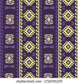 Geometric Batik Indonesia traditional pattern seamless in purple and yellow/gold color combination. Ulos texture. 