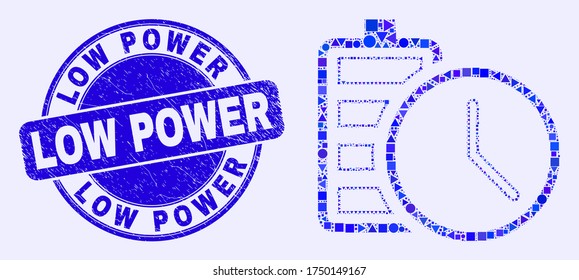 Geometric battery charge time mosaic icon and Low Power seal. Blue vector round distress seal stamp with Low Power phrase. Abstract mosaic of battery charge time made of round, tringle,