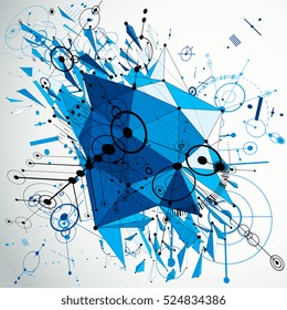 Geometric Bauhaus 3d vector blue background with low poly abstract demolished object created from circles and connected lines. Best for use as advertising poster or banner design.