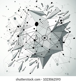 Geometric Bauhaus 3d vector monochrome background with low poly abstract demolished object created from honeycombs and connected lines. Best for use as advertising poster or banner design.
