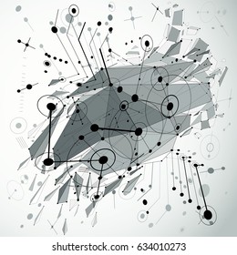 Geometric Bauhaus 3d vector monochrome background with low poly abstract demolished object created from circles and connected lines. Best for use as advertising poster or banner design.