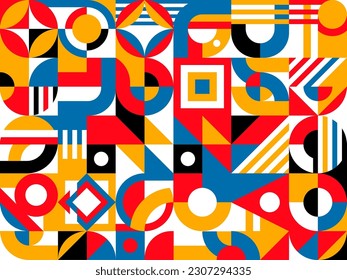 Geometric Bauhaus abstract pattern grid background, modern or retro vector. Bauhaus pattern poster with simple shape elements and colors, Swiss or Scandinavian art mosaic tile with minimal pattern