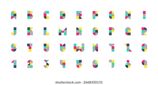 Geometric Bauhaus Alphabet and Numbers Vector with Linear Details and Decorative Shapes on White Background