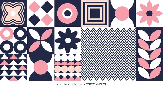 Geometric Bauhaus Banner.  Abstract pattern. Modern minimal shapes. Trending Artwork of 2023 vector illustration for background, cards, posters, prints and templates 