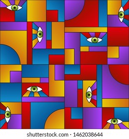 Geometric bauhaus colorful print with green eyes. Red, blue, violet, orange geometric shapes seamless pattern vector design. Cool retro bauhaus pattern with abstract eyes. Fashionable textile print.