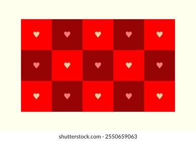 Geometric bauhaus mosaic pattern in tiles with hearts in red color shades, Valentine's Day concept
