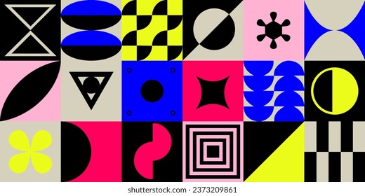Geometric bauhaus mosaic seamless pattern. Abstract vector for web banner, business presentation, branding, card, invitation, poster, cover, textile print.