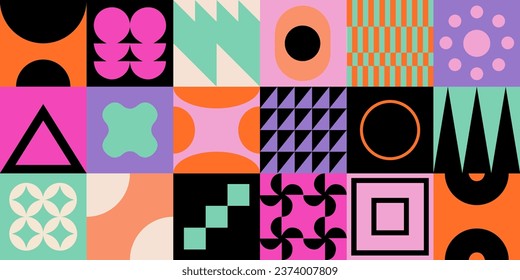 Geometric bauhaus mosaic seamless pattern. Abstract vector for web banner, business presentation, branding, card, invitation, poster, cover, textile print.