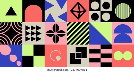 Geometric bauhaus mosaic seamless pattern. Abstract vector for web banner, business presentation, branding, card, invitation, poster, cover, textile print.