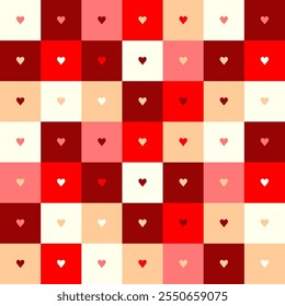 Geometric bauhaus mosaic seamless pattern in tiles with hearts in red color shades, Valentine's Day concept