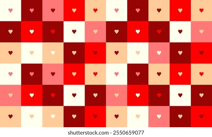 Geometric bauhaus mosaic seamless pattern in tiles with hearts in red color shades, Valentine's Day concept