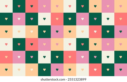 Geometric bauhaus mosaic seamless pattern in tiles with hearts in red color shades, Valentine's Day concept