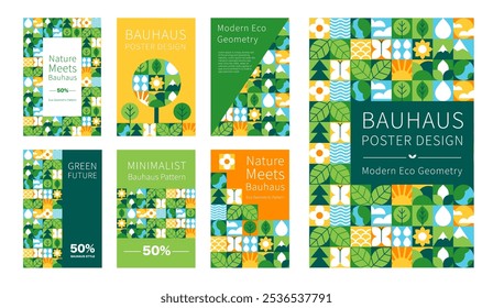 Geométrica Bauhaus Natureza Posters, Eco Elementos e Design Moderno, Vetor ilustração mínima